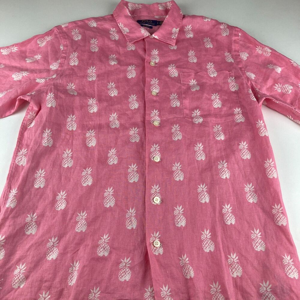 Polo Ralph Lauren Linen Pineapple Shirt Pink White Custom Fit Large L